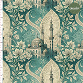 Ramadan Themed Digital Printed Fabric with Turquoise Background, Mosque and Flower Motifs